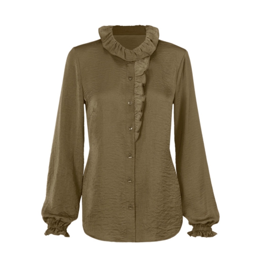 CAbi Green Ruffled Long Sleeve Blouse